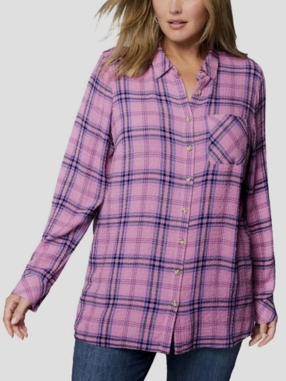 J. Jill Purple Plaid Seersucker Button-Down Tunic Shirt Four Seasons Relaxed Fit